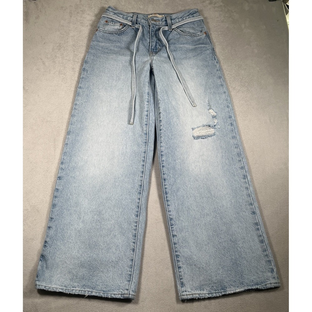 Levis Premium XL Wide Leg Jeans Womens 25 L31 Light Wash Distressed Belt Cotton